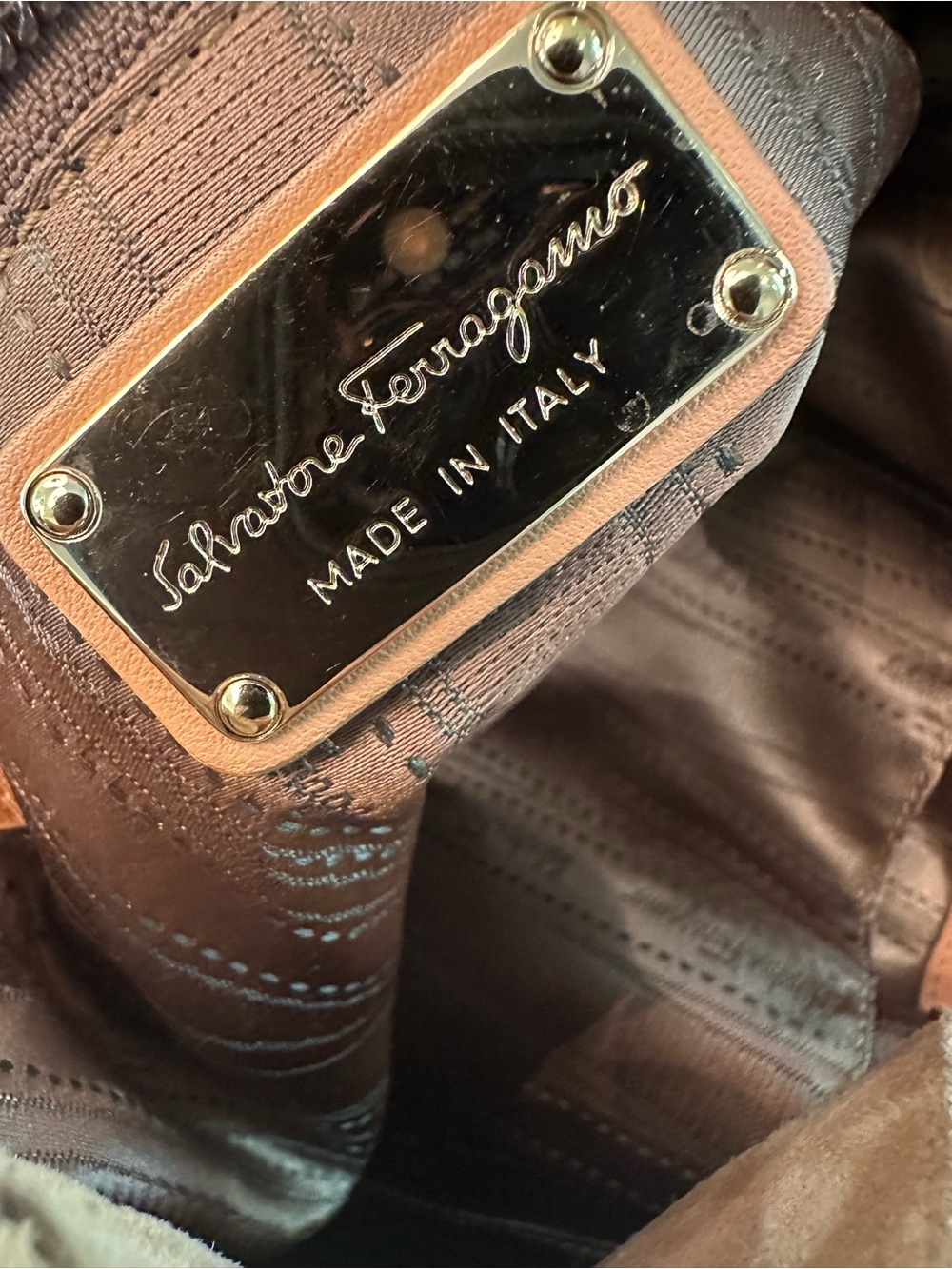 Salvatore Ferragamo Suede Drawstring Bucket Bag - Tan/Peach - Picture 5 of 8